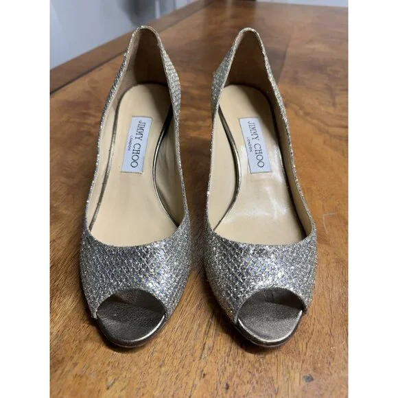 Jimmy Choo Women’s 37.5 ISABEL Champagne Glitter Fabric Open Toe Pump Shoe - Picture 2 of 8